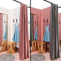 Stylish Fitting Room Design With Pink Curtains Mirrors Hangers And Colored Cubicles