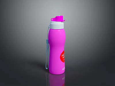 Pink Water Bottle With White Lid Strap And Red Logo Design 3d model