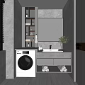 Modern Bathroom Interior Design With Gray Walls Washing Machine Vanity Mirror Shelves Plant And Blinds