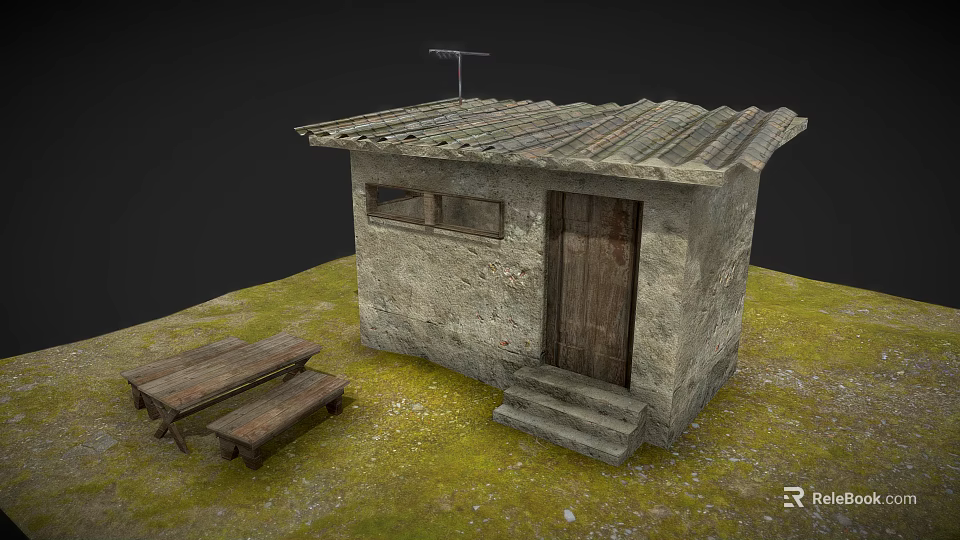 Small Stone Building with Wooden Door Tiled Roof and Outdoor Wooden Bench in Grass Setting 3d model 