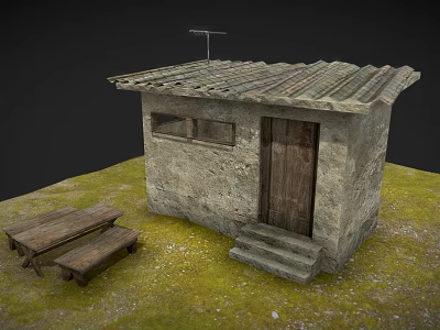 Small Stone Building with Wooden Door Tiled Roof and Outdoor Wooden Bench in Grass Setting 3d model