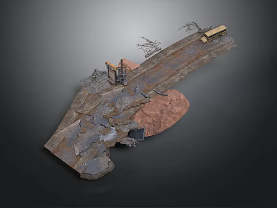 Industrial Ruins Scene With Damaged Road Vehicle Wreckage And Metal Structures 3d model