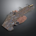 Industrial Ruins Scene With Damaged Road Vehicle Wreckage And Metal Structures