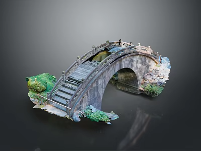 Stone Arch Bridge Model with Stone Steps Arch Structure and Green Plants 3d model