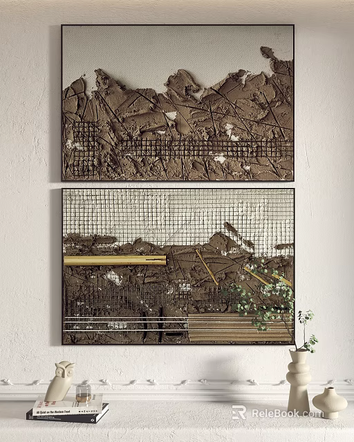 Abstract Textured Wall Art With Brown Tones Grid Pattern And Wooden Elements 3d model