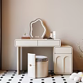 Light Colored Dressing Table with Unique Mirror Round Stool Side Cabinet and Flower Vase 3d model