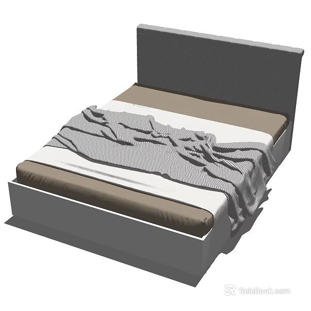 Simple Double Bed with Gray Headboard and Brown White Mattress Gray Striped Blanket on Top 3d model 