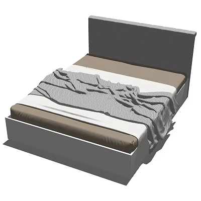 Simple Double Bed with Gray Headboard and Brown White Mattress Gray Striped Blanket on Top 3d model