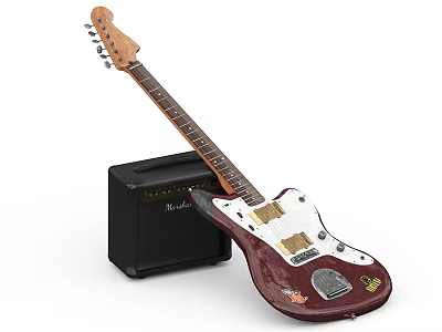 Vintage Red Electric Guitar with Fender Amplifier and Art Stickers on White 3d model