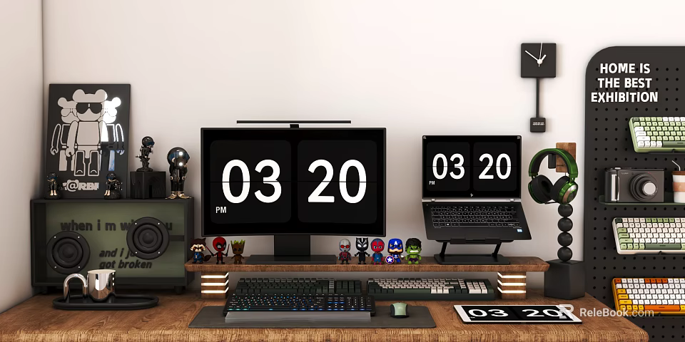 Gaming Computer Desk Setup With Dual Screens Laptop Keyboard Mouse Headphones And Figurines 3d model 