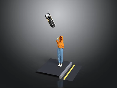 3D Character in Orange Hoodie on Black Platform with Yellow Gray Stripes and Floating Object 3d model