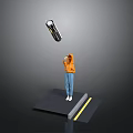 3D Character in Orange Hoodie on Black Platform with Yellow Gray Stripes and Floating Object