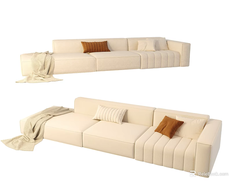 Beige Sectional Sofa with Brown Striped Pillows and Throw Blanket Modern Design 3d model 