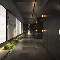 Elegant Modern Indoor Landscape Hallway With Floor-to-Ceiling Windows Green Plants Pendant Lights And Gray Tone