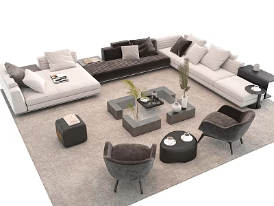 Modern Sofa And Coffee Table Set With Throw Pillows Area Rug And Accent Chairs 3d model