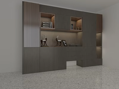 Modern Decorative Cabinet With Open Shelves Deer Figurines Photo Frames Books And Warm Lighting 3d model