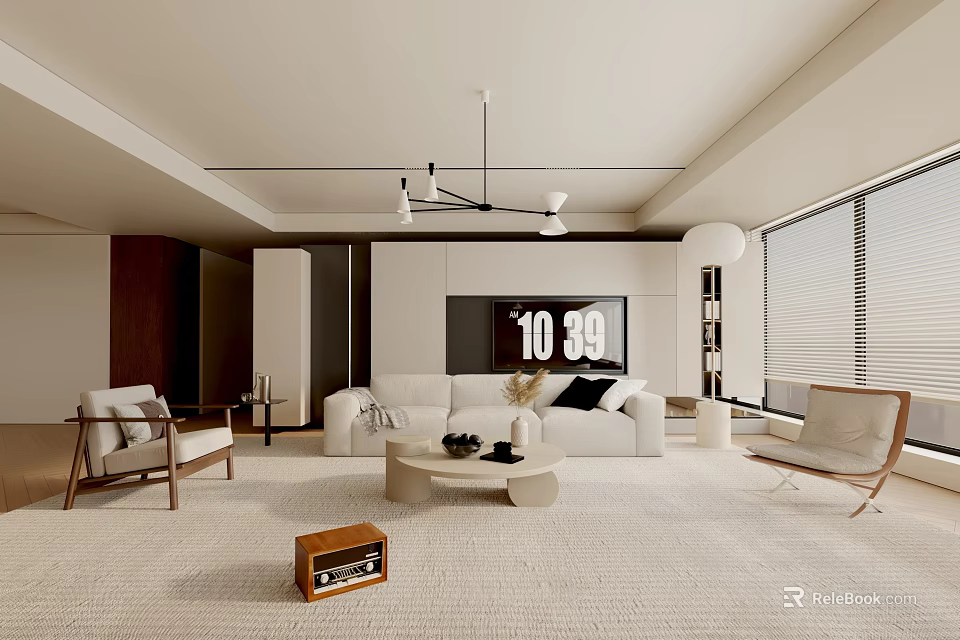 Modern Living Room Interior With White Sofa Round Coffee Table Armchairs And Wooden Radio 3d model 