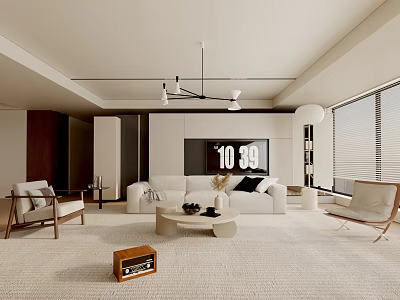Modern Living Room Interior With White Sofa Round Coffee Table Armchairs And Wooden Radio 3d model