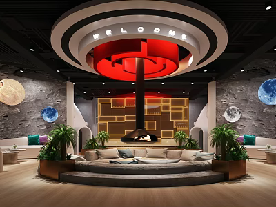 Luxury Club Lounge Interior With Circular Ceiling Red Central Decor Geometric Walls And Green Plants 3d model