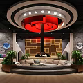 Luxury Club Lounge Interior With Circular Ceiling Red Central Decor Geometric Walls And Green Plants