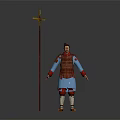 Ancient Chinese Soldier Wearing Traditional Armor With Blue Robe And Red Spear
