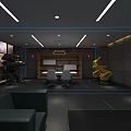 Modern Office Interior Design With Desk Chairs Sofa Yellow Sculpture Gray Walls And Ceiling Lights