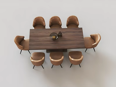 Rectangular Wooden Dining Table Set With Eight Light Brown Chairs And Black Legs 3d model