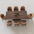 Rectangular Wooden Dining Table Set With Eight Light Brown Chairs And Black Legs 3d model