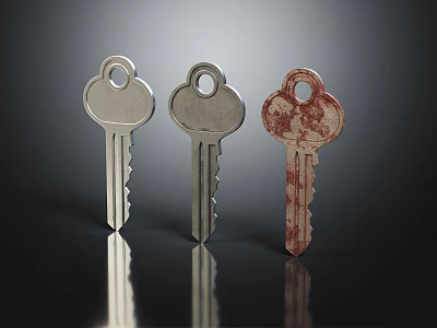 Three Key Shaped Jewelry Accessories In Silver Gray And Red Hues With Reflective Base 3d model