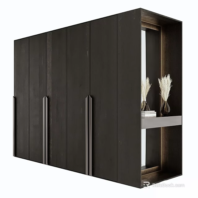 Modern Black Wardrobe With Metal Handles Mirror Side Shelf Holding Vases Dried Flowers And Books 3d model 