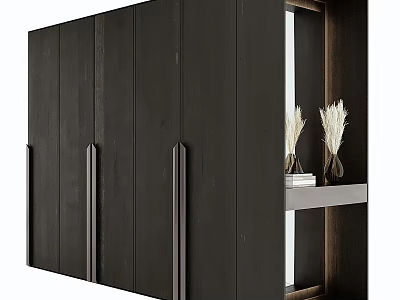 Modern Black Wardrobe With Metal Handles Mirror Side Shelf Holding Vases Dried Flowers And Books 3d model