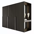 Modern Black Wardrobe With Metal Handles Mirror Side Shelf Holding Vases Dried Flowers And Books