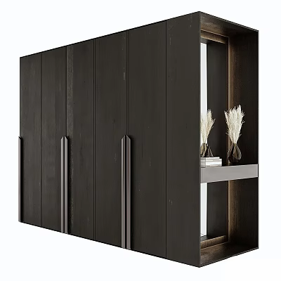 Modern Black Wardrobe With Metal Handles Mirror Side Shelf Holding Vases Dried Flowers And Books 3d model