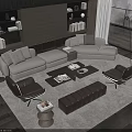 Modern Living Room Sofa And Coffee Table Set With Armchairs Bookshelves And Large Windows