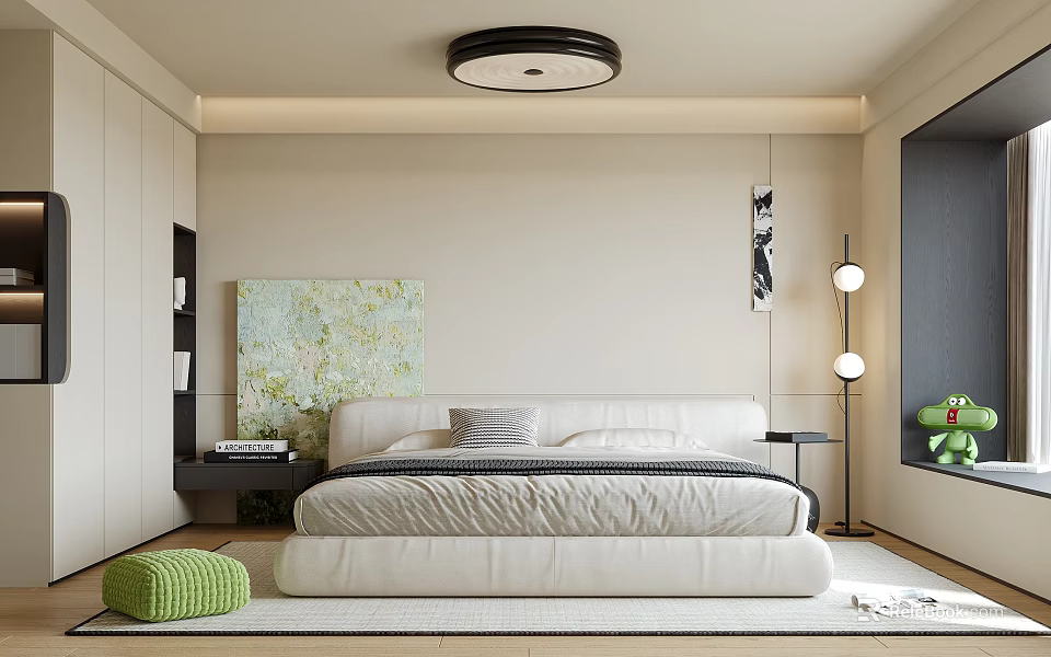 Modern Bedroom Interior Design With White Bed Green Abstract Painting And Black Ceiling Lamp 3d model 
