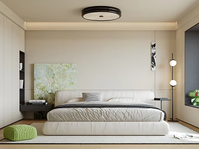 Modern Bedroom Interior Design With White Bed Green Abstract Painting And Black Ceiling Lamp 3d model