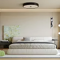 Modern Bedroom Interior Design With White Bed Green Abstract Painting And Black Ceiling Lamp