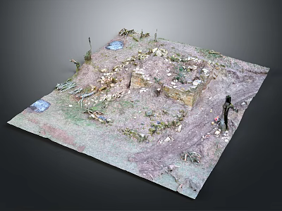 Scenic Sandscape Model Featuring Miniature Building Figure Rocks And Pond Elements 3d model