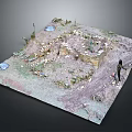 Scenic Sandscape Model Featuring Miniature Building Figure Rocks And Pond Elements