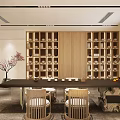 Traditional Teahouse Interior With Wooden Shelves Tea Table Stools Green Plant And Calligraphy Art
