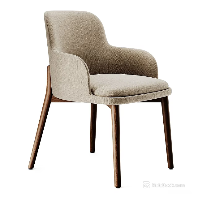 Modern Beige Fabric Dining Chair With Wooden Legs And Armrest Design 3d model 