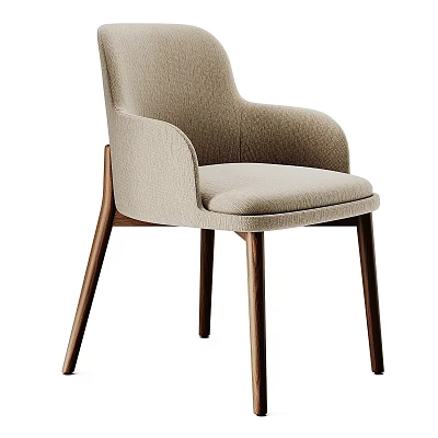 Modern Beige Fabric Dining Chair With Wooden Legs And Armrest Design 3d model