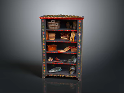Vintage Painted Cabinet Display With Books Basket Box And Decorative Items 3d model