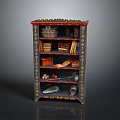 Vintage Painted Cabinet Display With Books Basket Box And Decorative Items