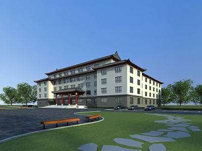Traditional Style Office Building with Light Exterior Walls Chinese Roof Green Lawn Trees and Wooden Benches 3d model