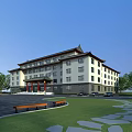 Traditional Style Office Building with Light Exterior Walls Chinese Roof Green Lawn Trees and Wooden Benches