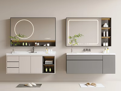 Modern Bathroom Cabinet Rack with Lighted Mirror Wall Mounted Drawers and Decorative Plant 3d model