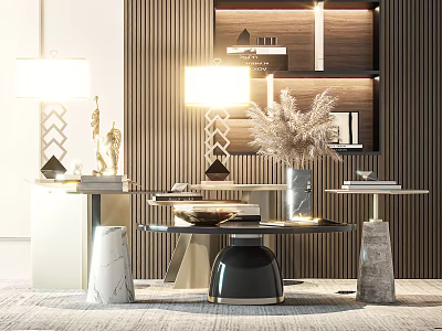 Elegant Modern Coffee Table With Marble Top And Metal Base By Table Lamp And Bookshelf 3d model