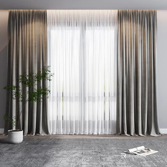 Modern Gray Curtains With White Sheer For Living Room Window And Green Plant 3d model 