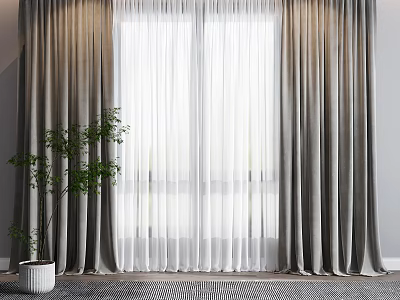 Modern Gray Curtains With White Sheer For Living Room Window And Green Plant 3d model